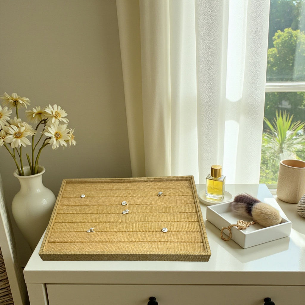 Présentoir Plateau - Toile de jute beige - Bagues