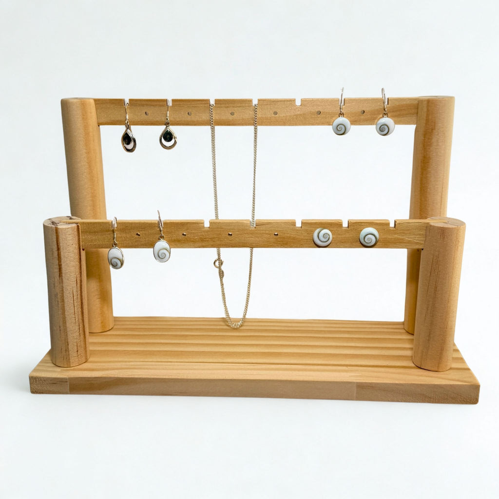 Présentoir Stand - Bois clair naturel 2 niveaux - Boucles d'oreilles