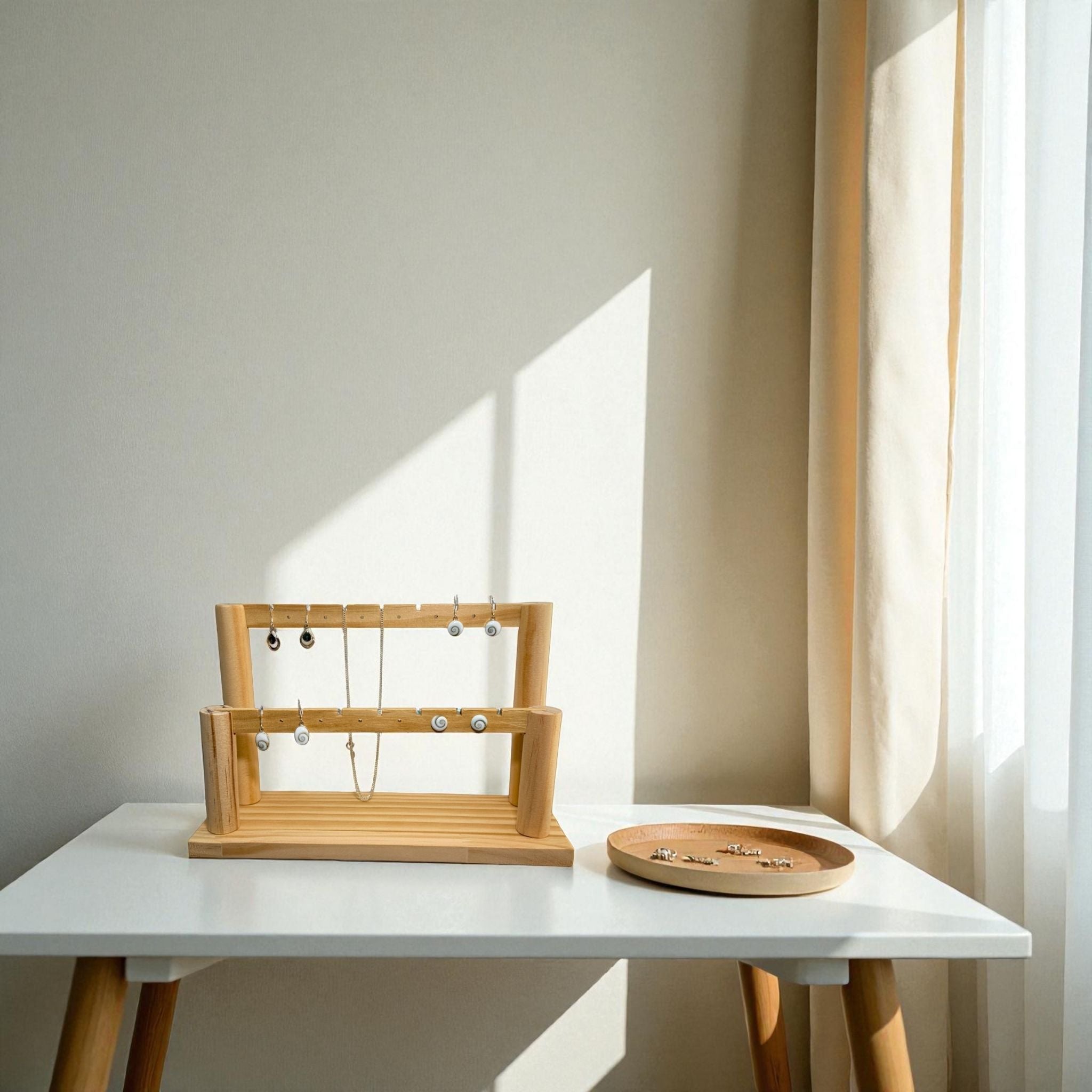 Présentoir Stand - Bois clair naturel 2 niveaux - Boucles d'oreilles