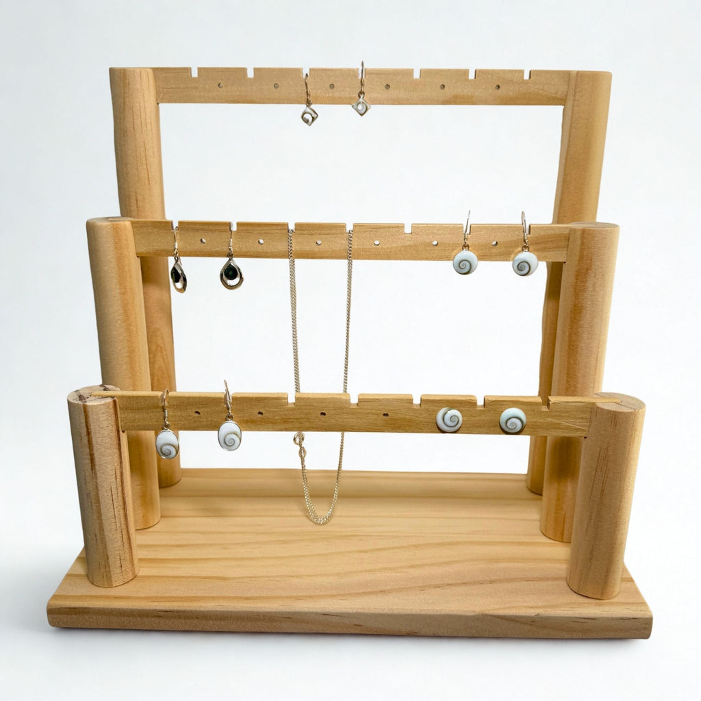 Présentoir Stand - Bois clair naturel 3 niveaux - Boucles d'oreilles Précieuse Lucie