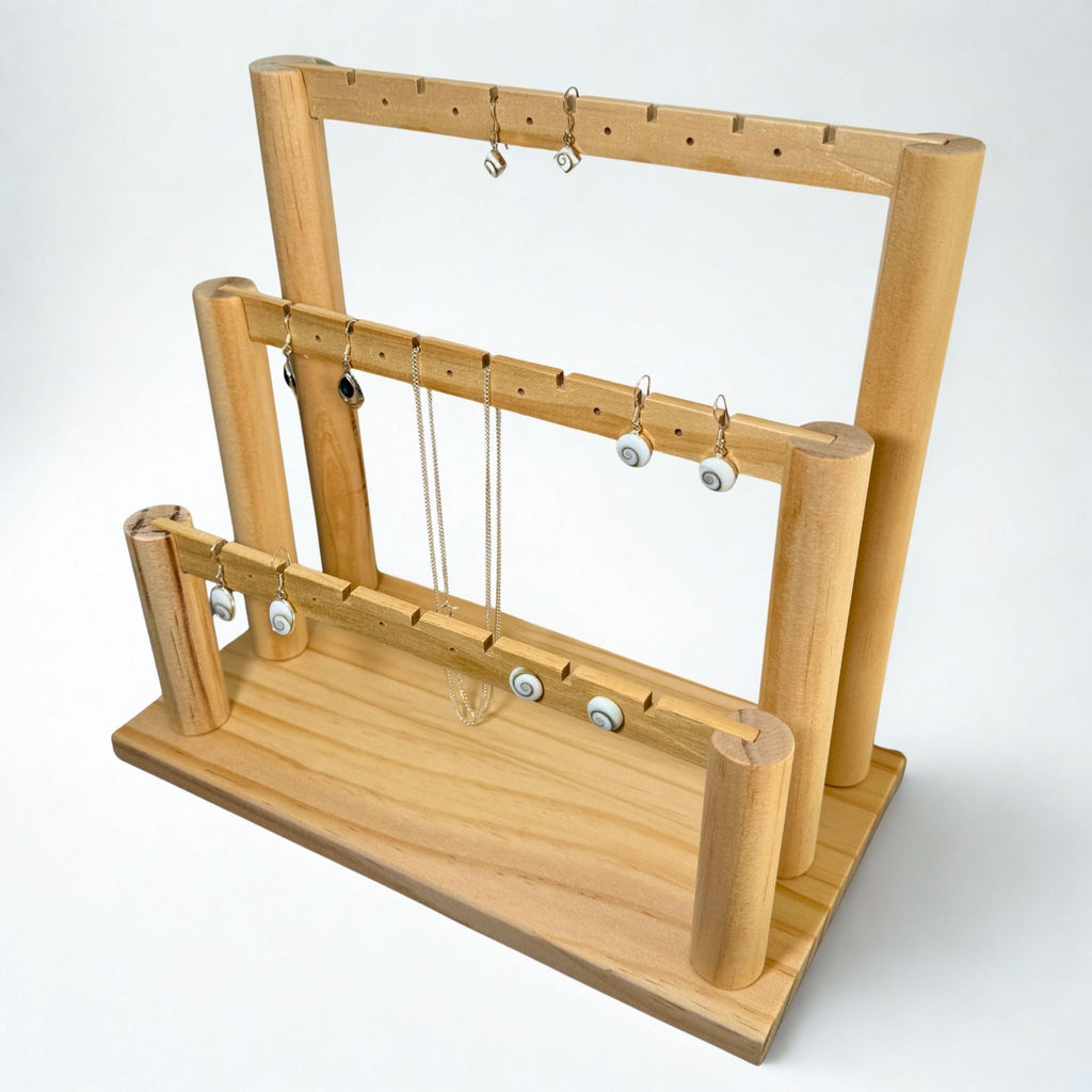Présentoir Stand - Bois clair naturel 3 niveaux - Boucles d'oreilles Précieuse Lucie