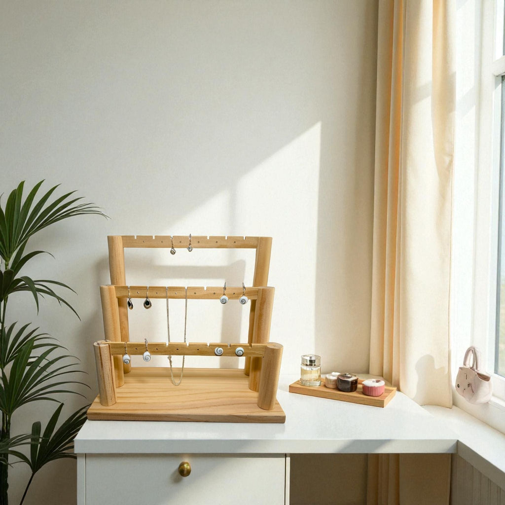 Présentoir Stand - Bois clair naturel 3 niveaux - Boucles d'oreilles Précieuse Lucie