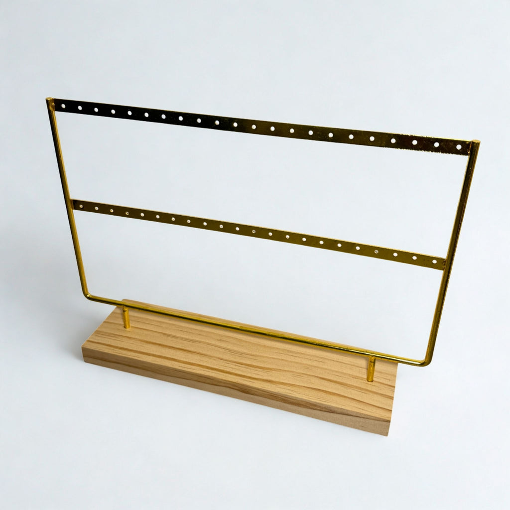 Présentoir - Métal doré et bois clair 2 rangées - Boucles d'oreilles