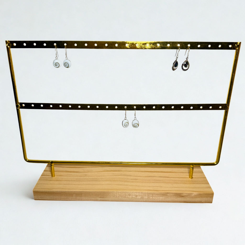 Présentoir - Métal doré et bois clair 2 rangées - Boucles d'oreilles