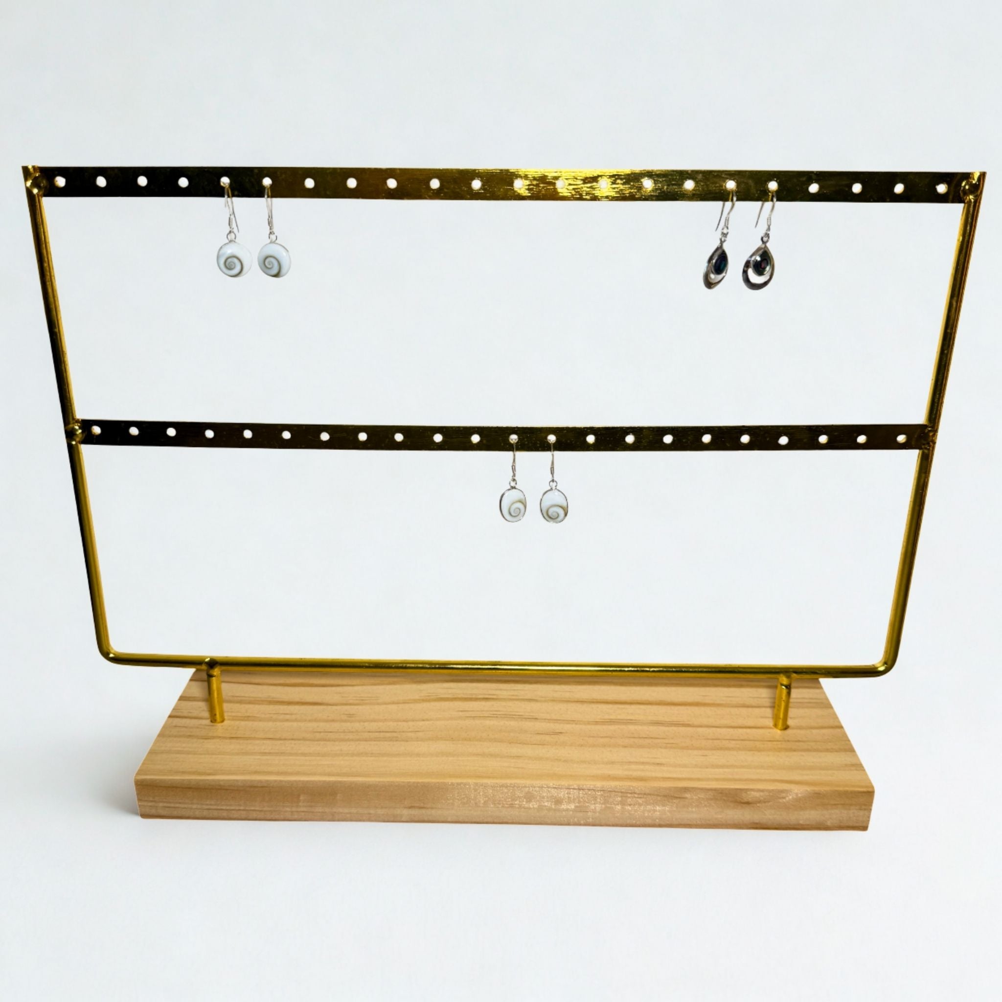 Présentoir - Métal doré et bois clair 2 rangées - Boucles d'oreilles