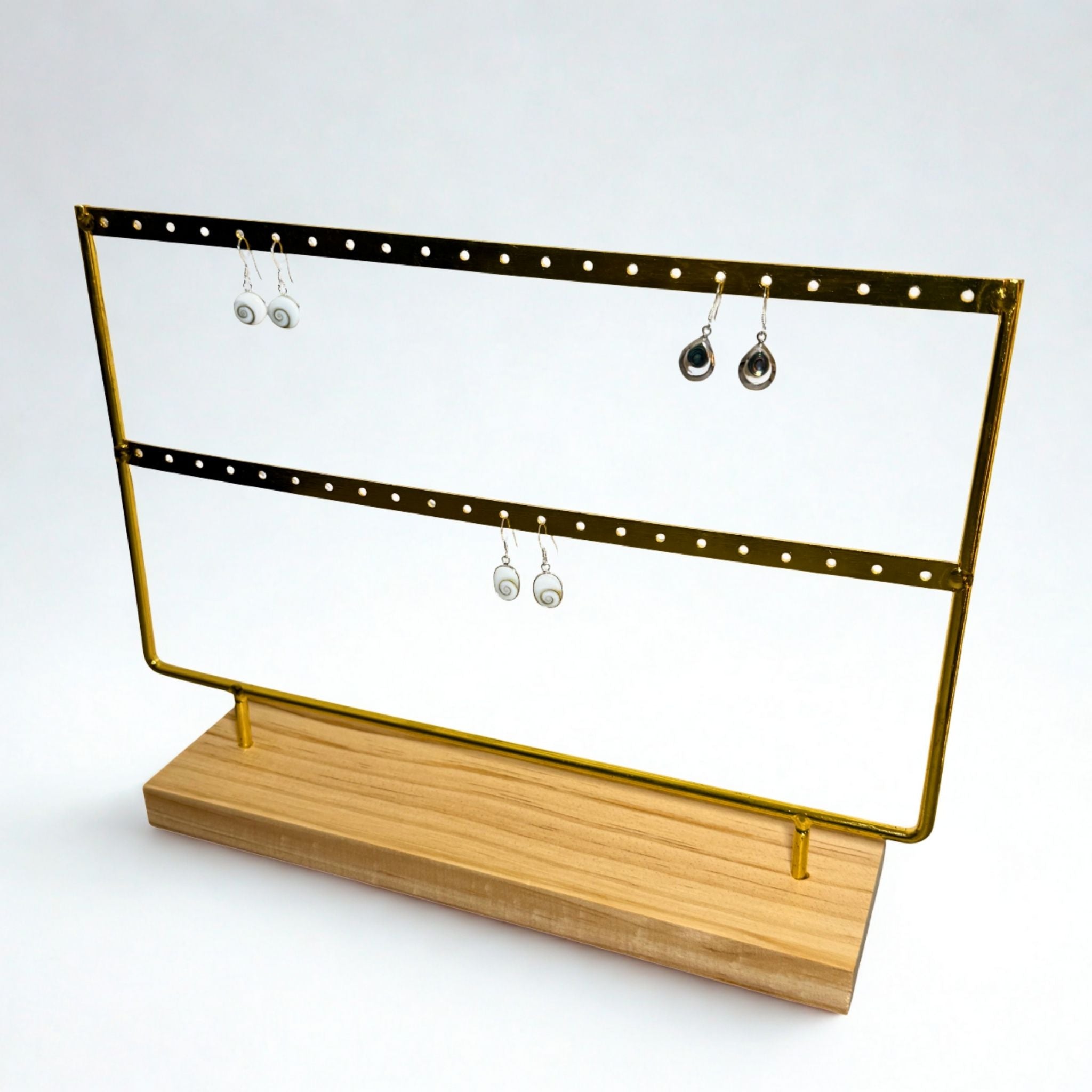 Présentoir - Métal doré et bois clair 2 rangées - Boucles d'oreilles