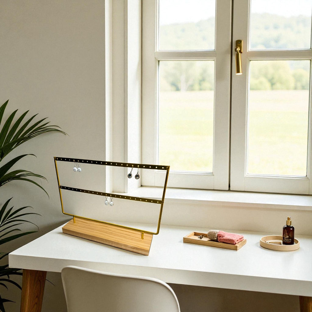 Présentoir - Métal doré et bois clair 2 rangées - Boucles d'oreilles