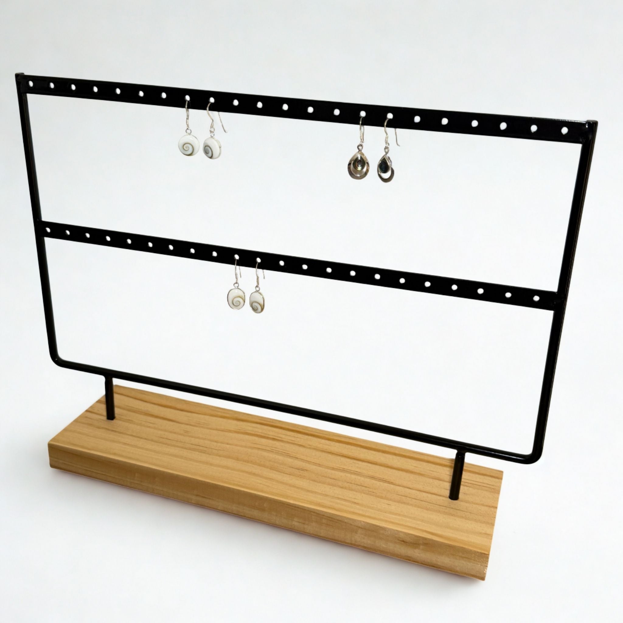 Présentoir - Métal noir et bois clair 2 rangs - Boucles d'oreilles
