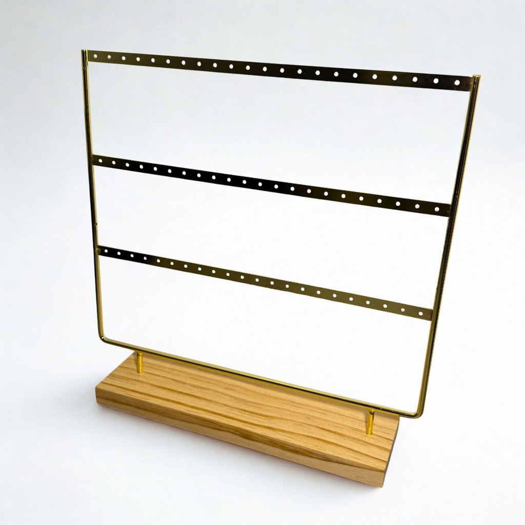 Présentoir - Métal doré et bois clair 3 rangées - Boucles d'oreilles