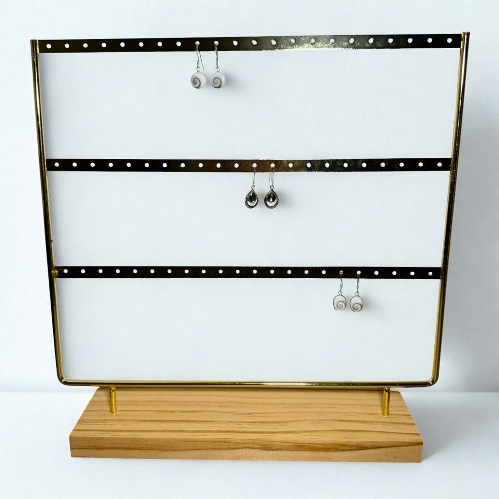Présentoir - Métal doré et bois clair 3 rangées - Boucles d'oreilles