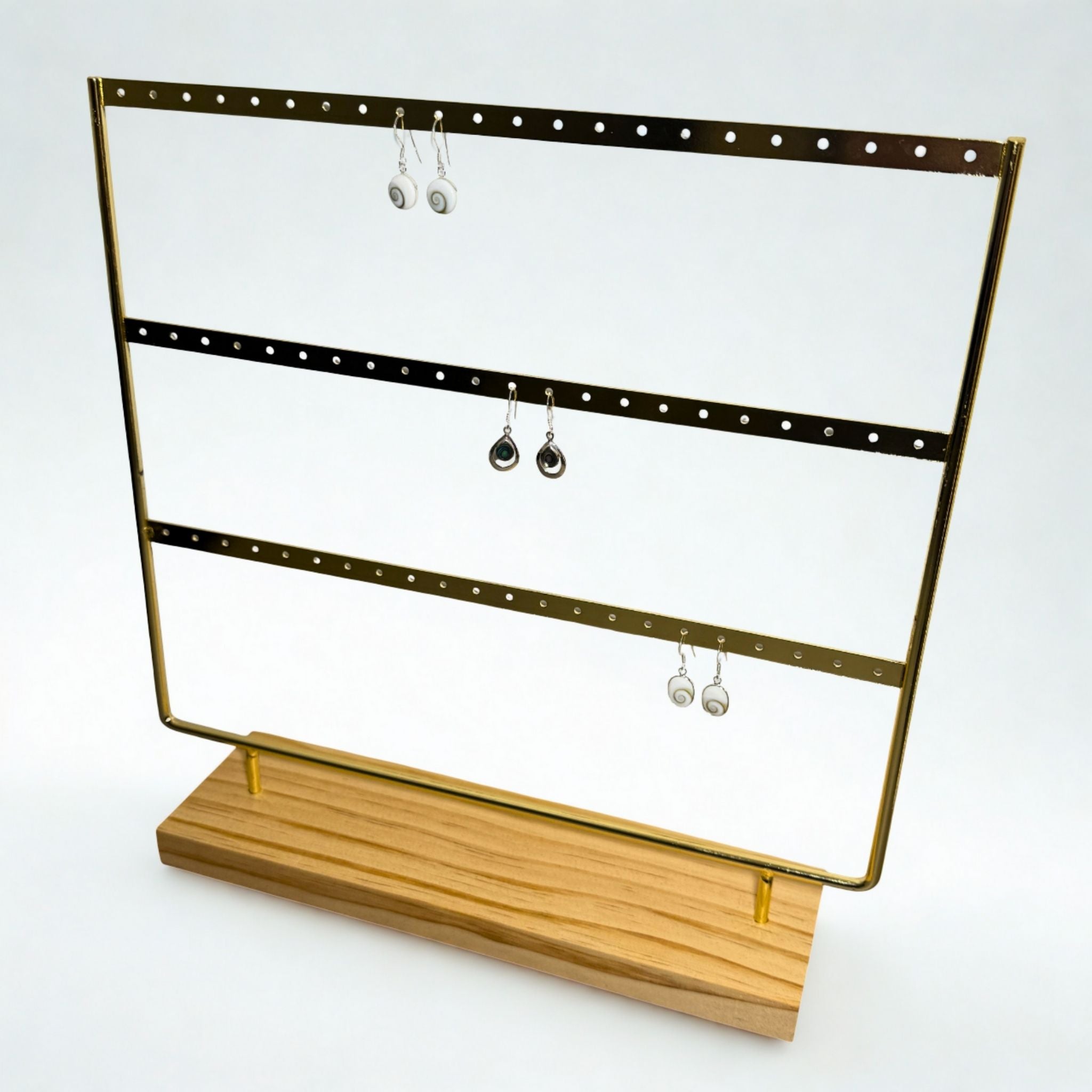 Présentoir - Métal doré et bois clair 3 rangées - Boucles d'oreilles