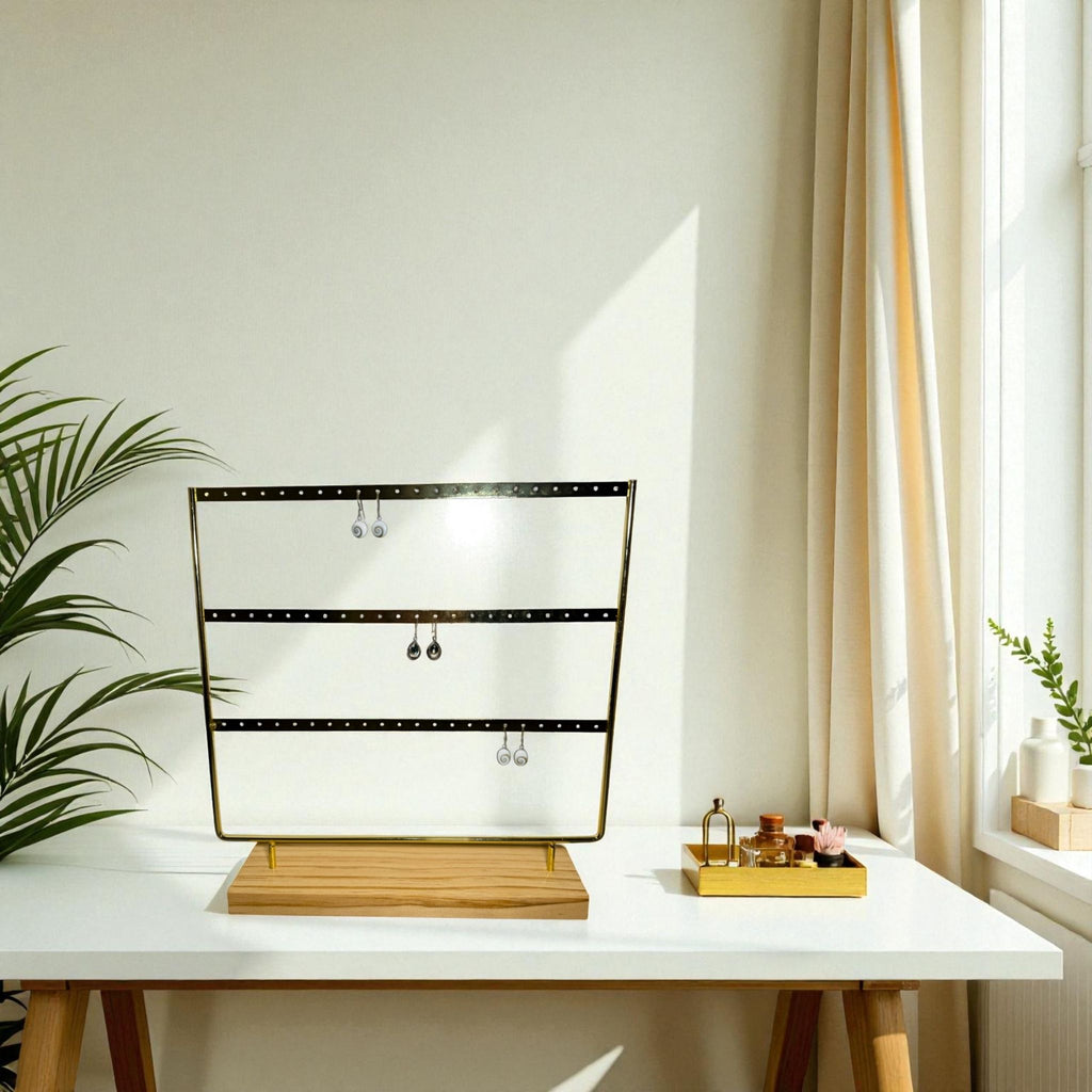 Présentoir - Métal doré et bois clair 3 rangées - Boucles d'oreilles