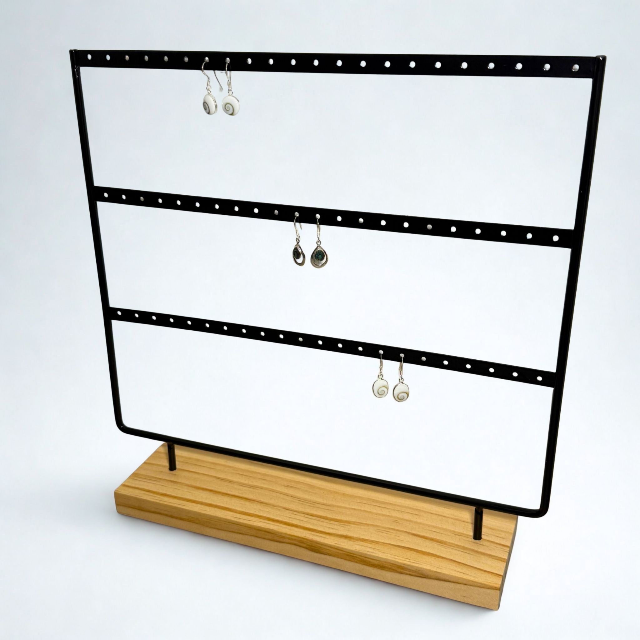 Présentoir - Métal noir et bois clair 3 rangées - Boucles d'oreilles