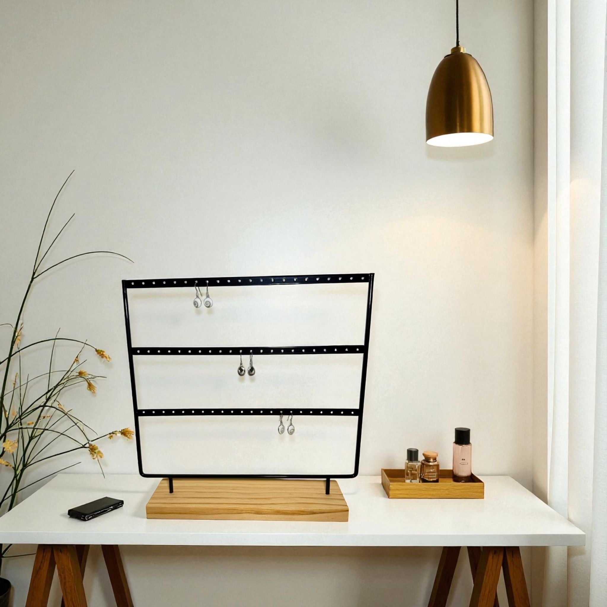 Présentoir - Métal noir et bois clair 3 rangées - Boucles d'oreilles