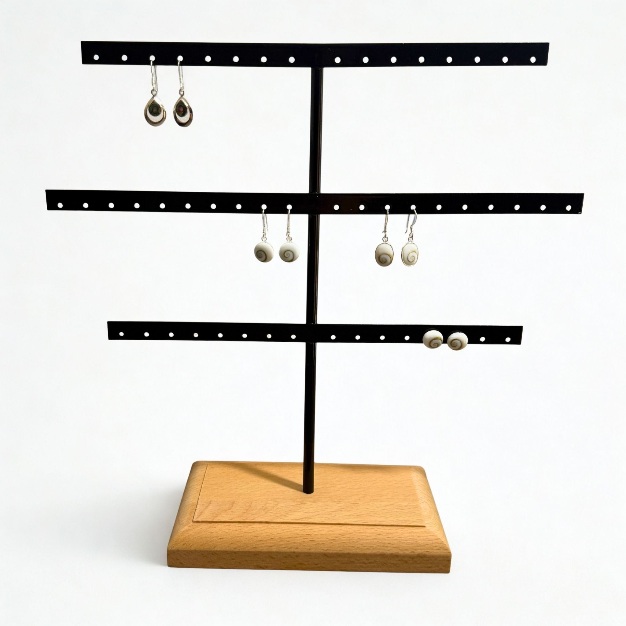 Présentoir - Métal noir et bois - Tige 3 rangées - Boucles d'oreilles