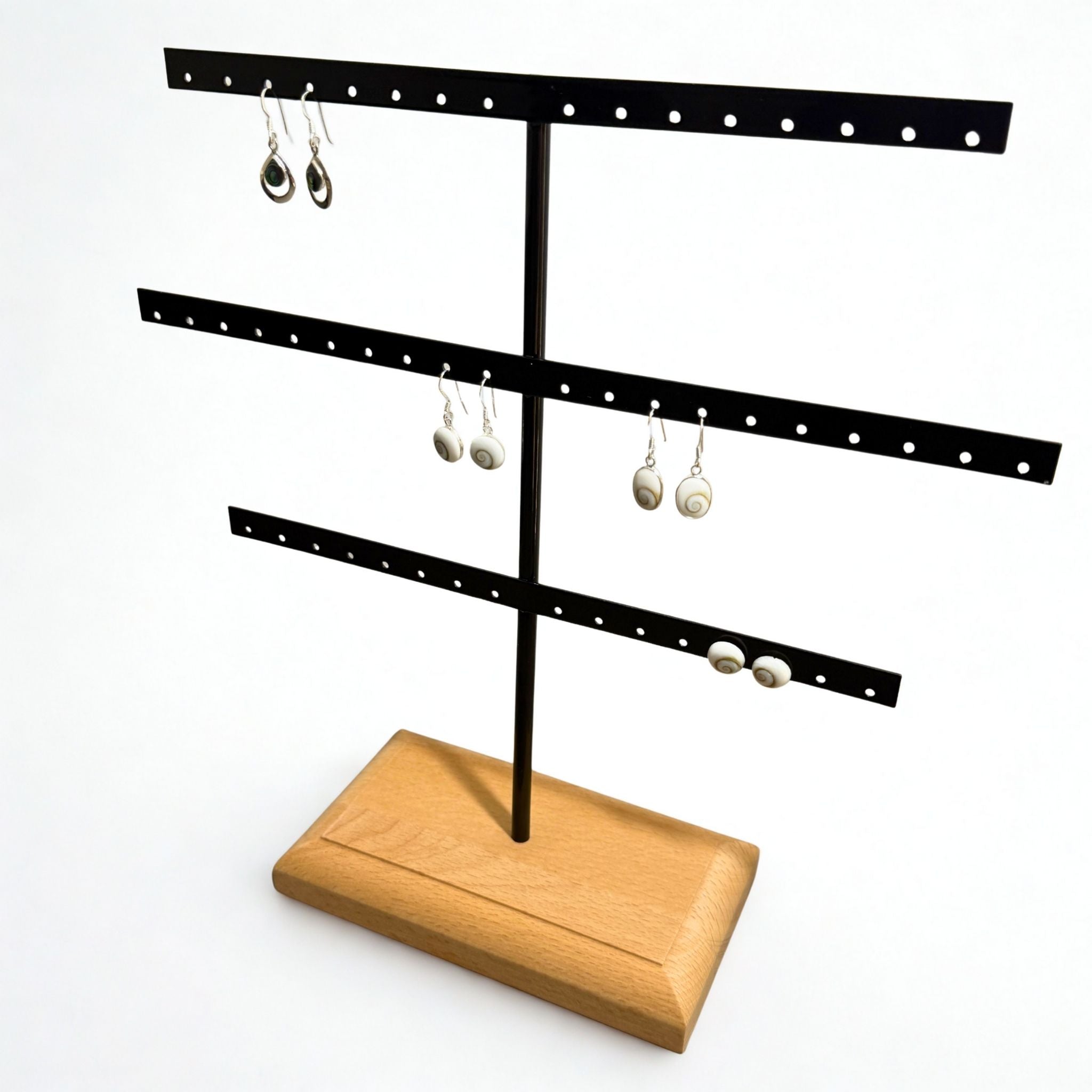 Présentoir - Métal noir et bois - Tige 3 rangées - Boucles d'oreilles