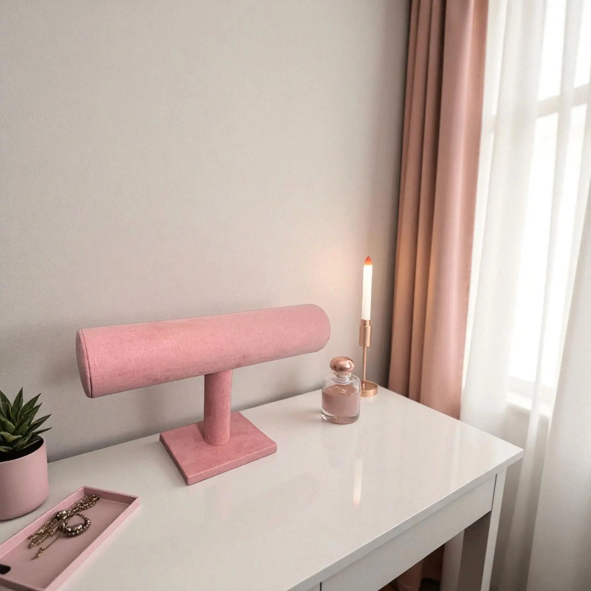 Présentoir Jonc simple - Suédine rose - Bracelets/montres Précieuse Lucie