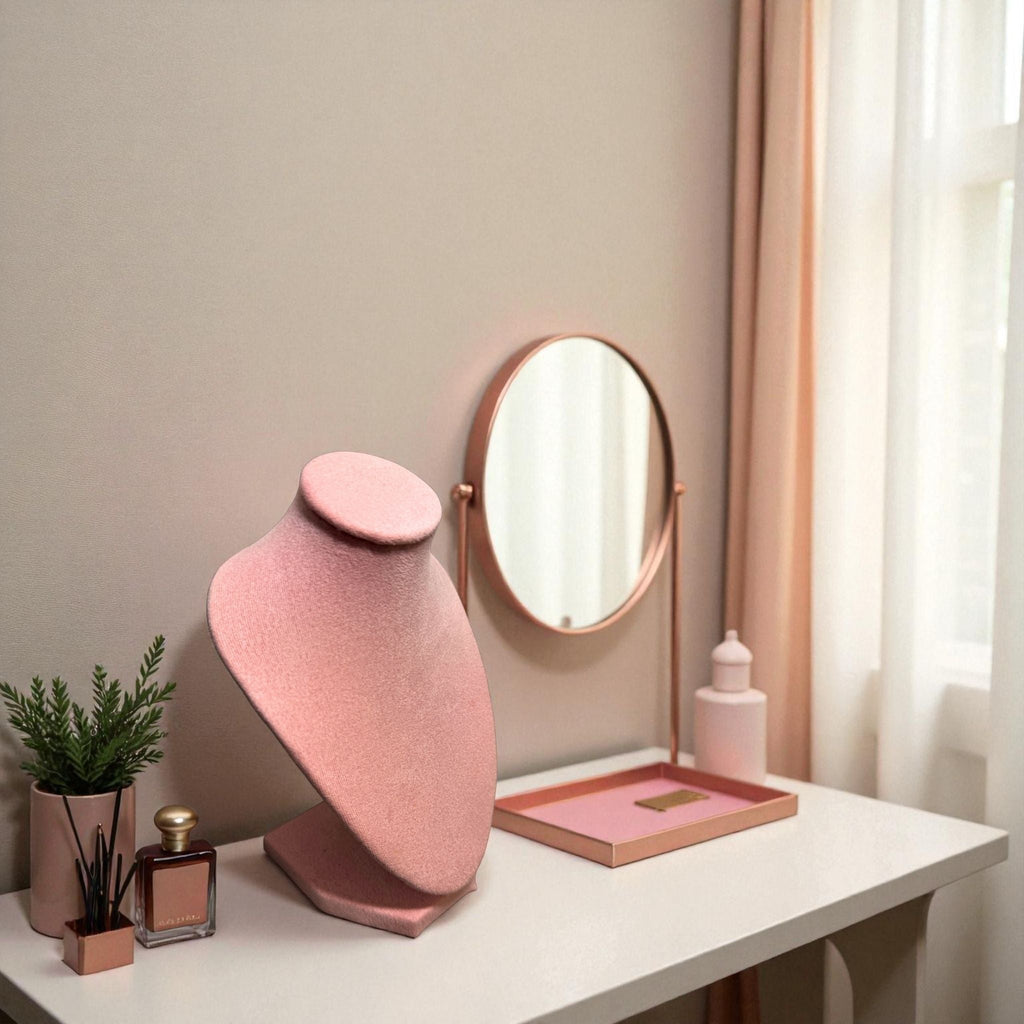 Présentoir Buste mini - Suédine rose - Colliers/chaînes Précieuse Lucie