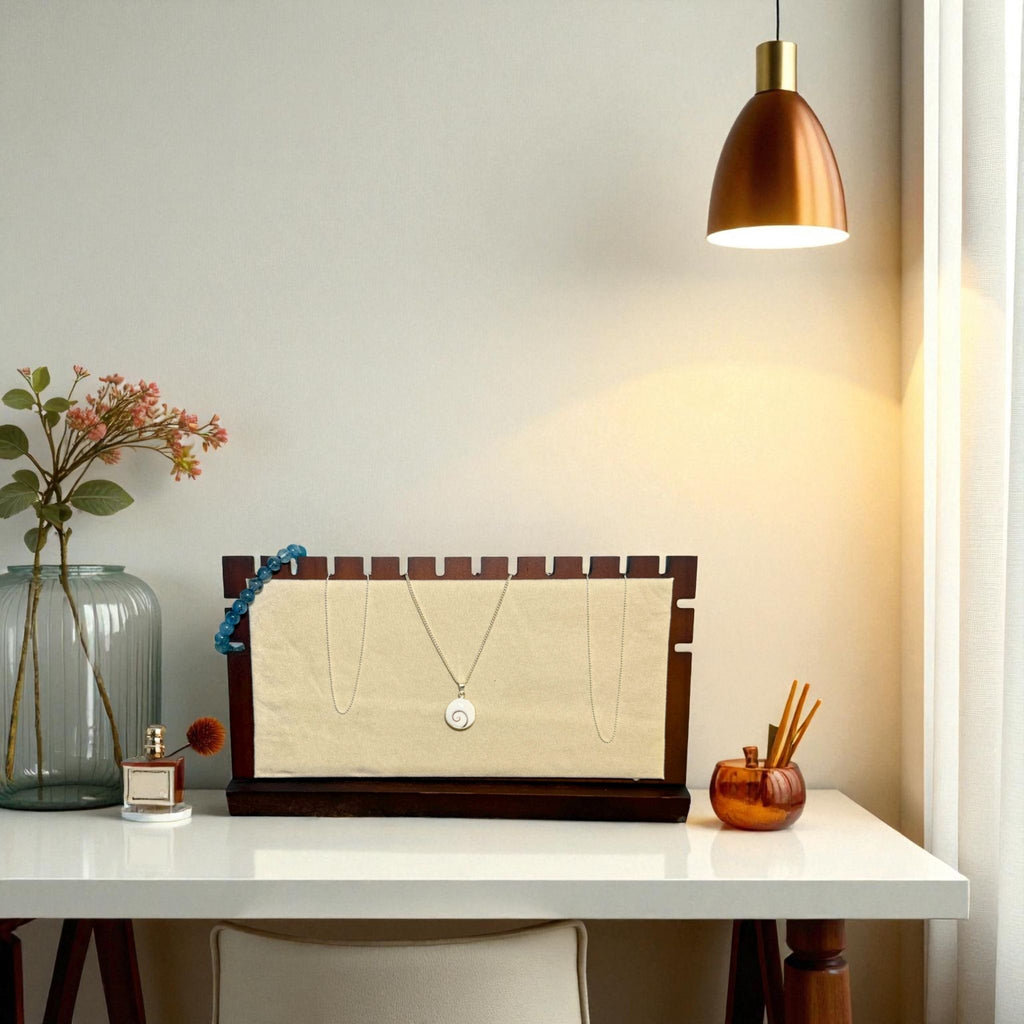 Présentoir Bijoux en L - Bois suédine beige - Colliers/chaînes