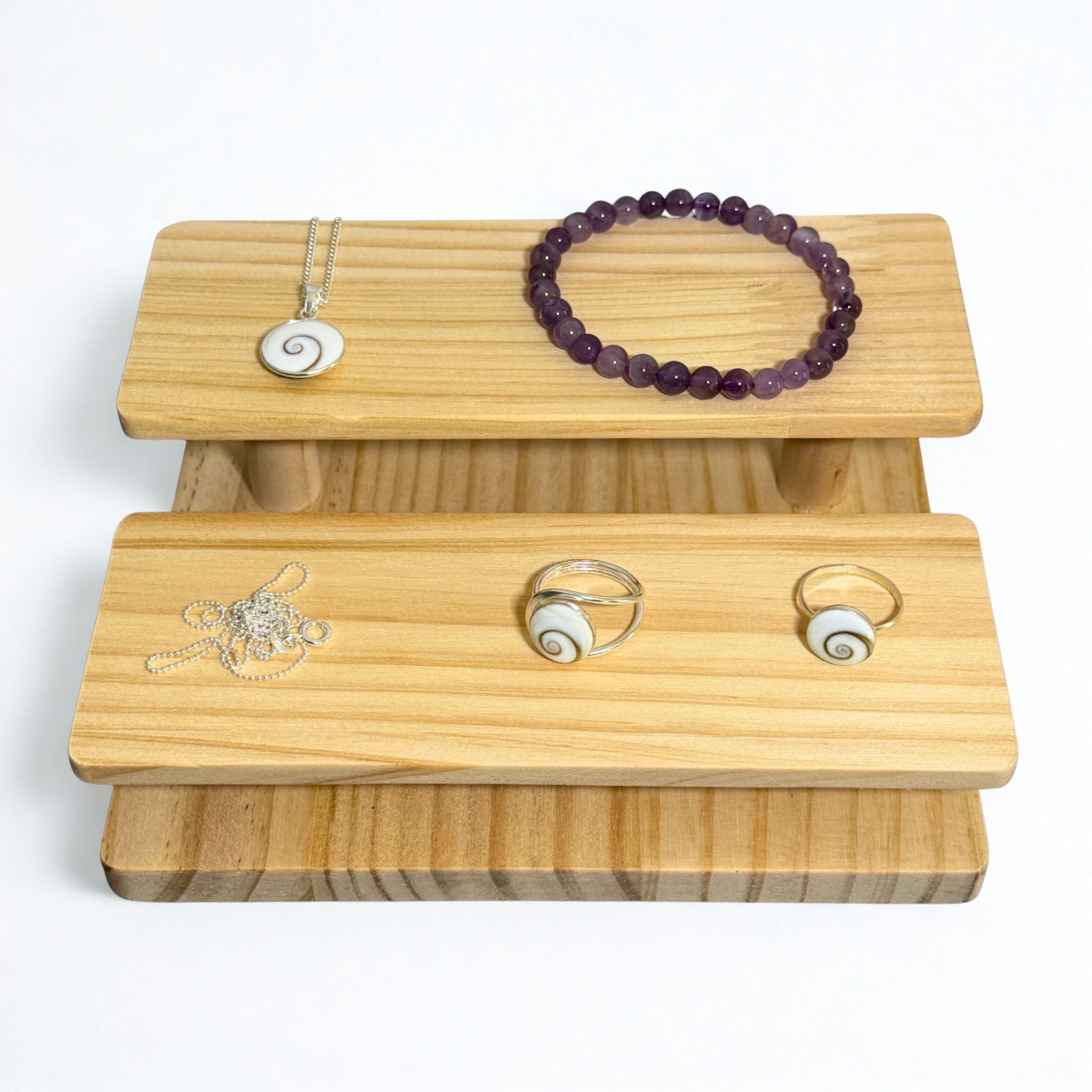 Présentoir Escalier - Bois clair 2 marches - Bijoux/lunettes