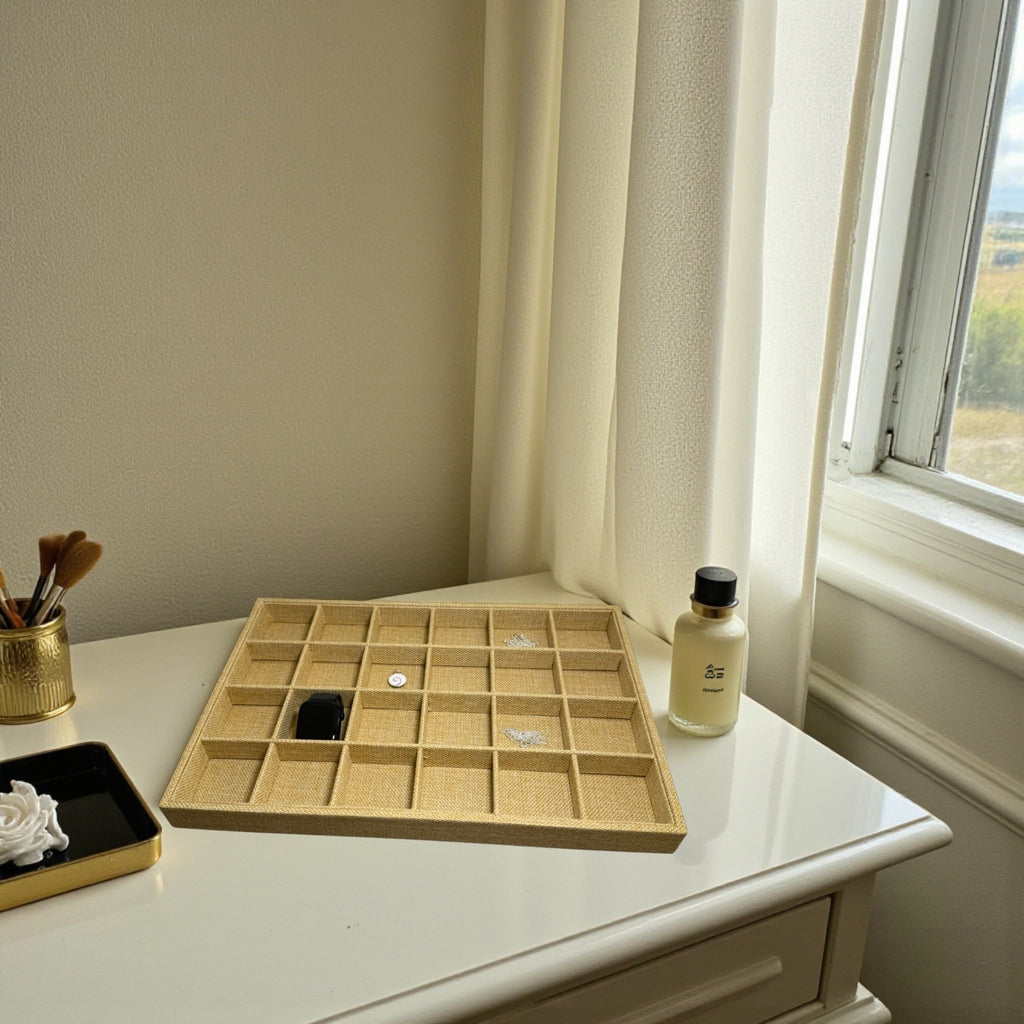 Présentoir Plateau casiers - Toile de jute beige - Bijoux