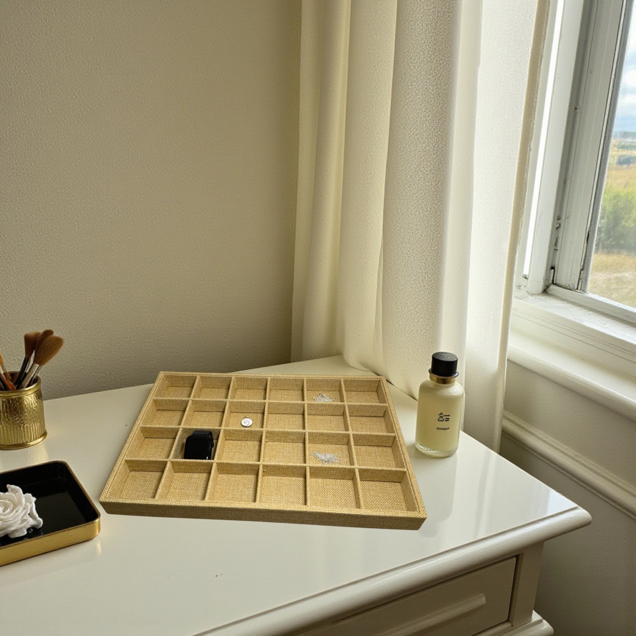 Présentoir Plateau casiers - Toile de jute beige - Bijoux