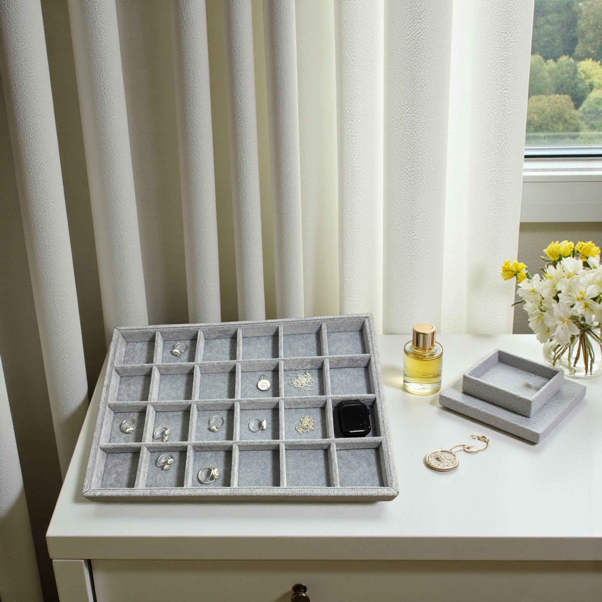 Présentoir Plateau casiers - Velours gris - Bijoux